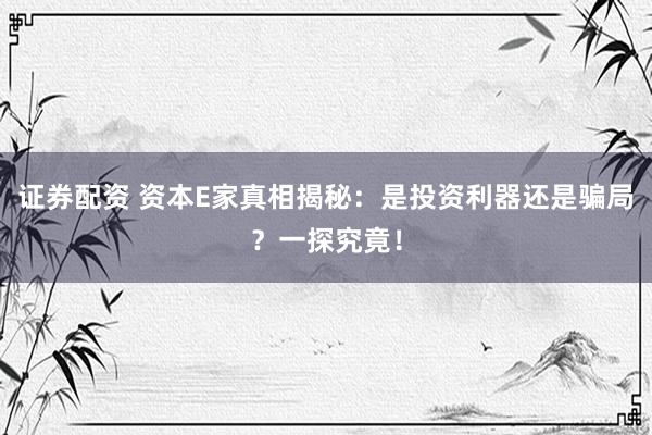 证券配资 资本E家真相揭秘：是投资利器还是骗局？一探究竟！